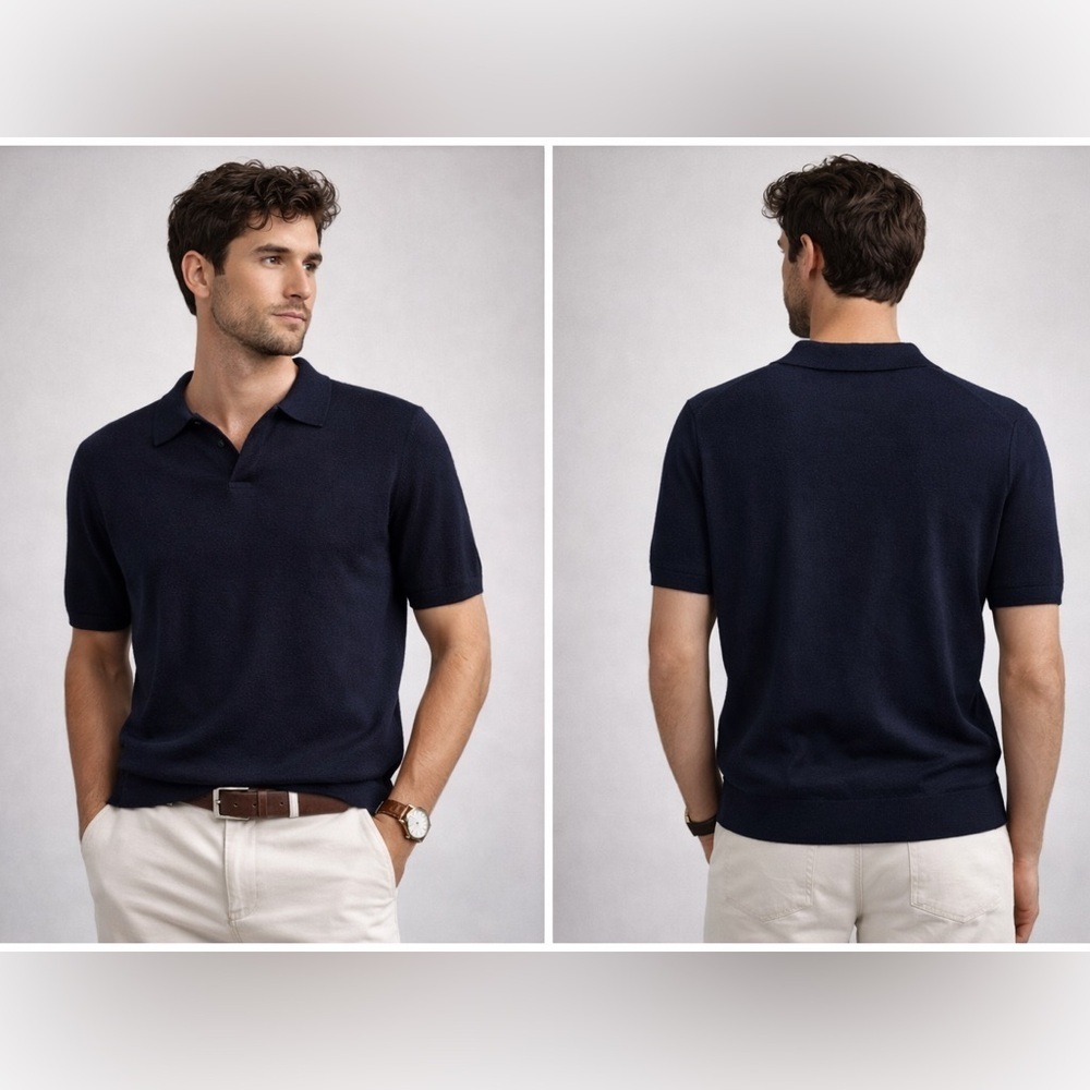 Reiss Merino Wool Knit Polo Sweater Navy Size S Men Short Sleeve Luxury